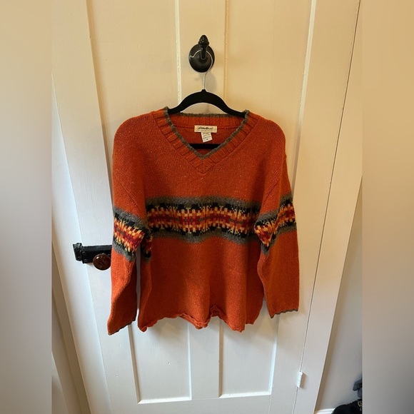 Vintage Eddie Bauer Wool Blend Fall Orange Sweater V-neck Medium - Picture 1 of 7